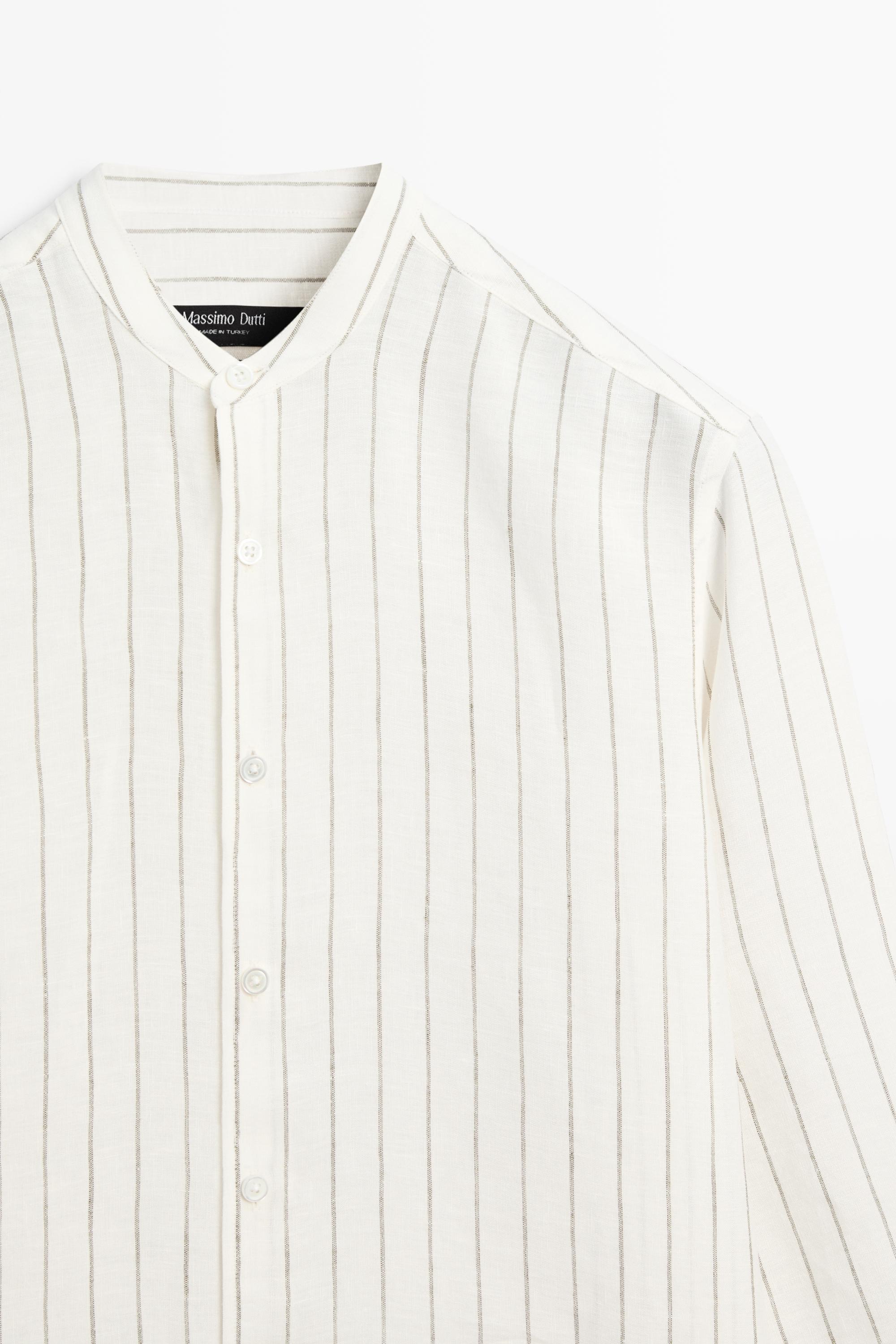 100% linen striped stand collar shirt